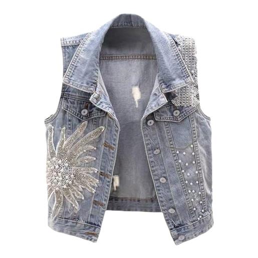 Generisch giubbotto di jeans da donna in pizzo con perle corte senza maniche, blu, xxxl