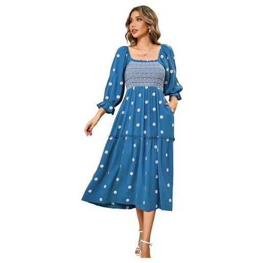 R.Vivimos abito midi con maniche lunghe a sbuffo da donna boho floreale ricamato cottagecore abito empire vita a line abito con tasche(l, blu scuro)