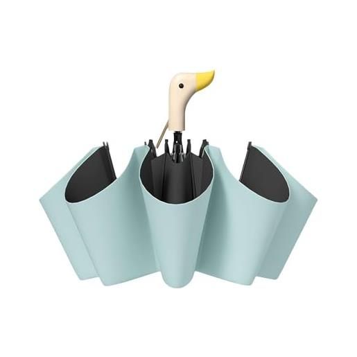 Generic ombrello da viaggio compatto a forma di anatra, design carino, manico in legno, 8 costole, ombrello da sole e pioggia, leggero e impermeabile per attività all'aperto, azzurro