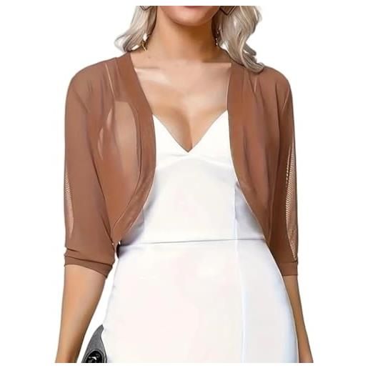 HZWMQDLF coprispalle donna, coprispalle bolero da donna, manica 3/4, cardigan corto, estivo, leggero, in chiffon, per abiti da sera, morbido, aperto sul davanti, coprispalle marrone scuro l