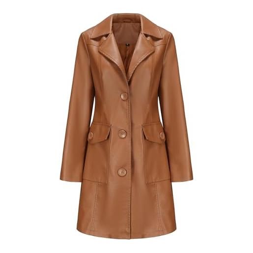 OULIWANGLUO giacca da donna lunga, casual, con collo a risvolto, in pelle, sexy, larga, in ecopelle, primavera, autunno, giacca leggera da motociclista, marrone, xxl