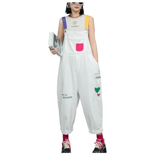 Bigassets donna cinghie regolabili salopette ricamate pantaloni in denim a gamba larga white m