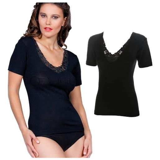 EGI sensuale maglia donna in lana e seta con delicato pizzo macramè (nero)