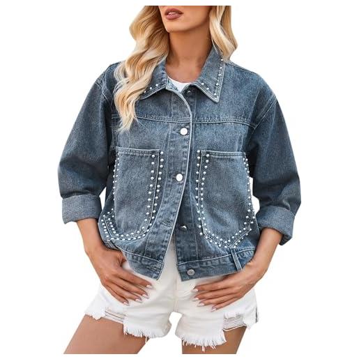 Achimlt giubbotto donna jeans estivi corta giacca jeans autunno con bottoni casual giubbino jeans allentata manica lunga taglie forti invernali moda outwear tasca giacca denim (blue, m)