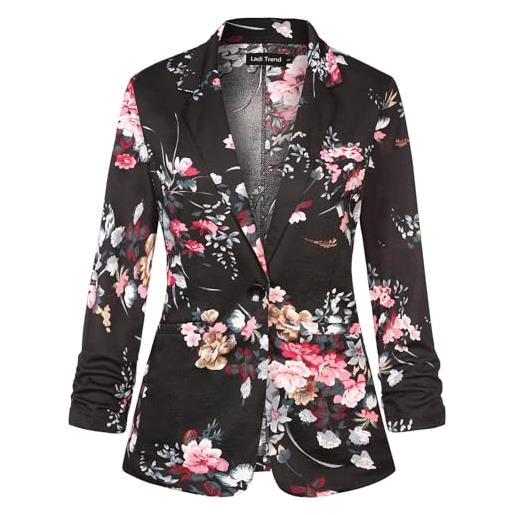 LADI TREND blazer casual da donna con un bottone giacca blazer con risvolto dentellato abbigliamento da lavoro elegante manica increspata a 3/4 classico formale, floreale+nero, m