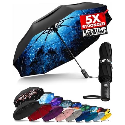TUMELLA ombrello da viaggio antivento più forte (compatto, superiore e bello), piccolo, forte ma leggero, portatile e pieghevole automatico, resistente impugnatura, adatto per auto e zaino, 42 inch