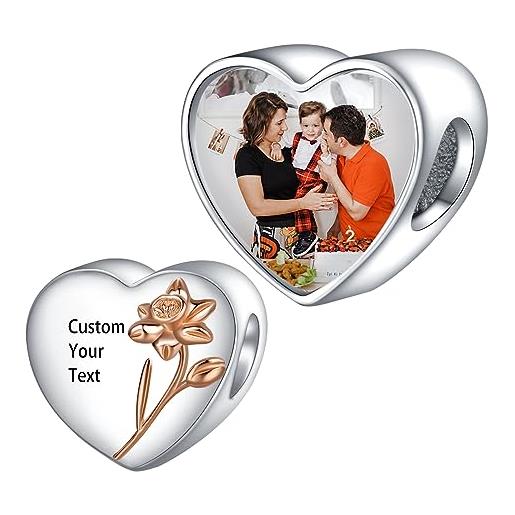 LaMenars personalized photo charms birth flower dicembre holly beads argento sterling personalizzare immagine cuore d'amore per le donne bracciali e collane regali per le ragazze
