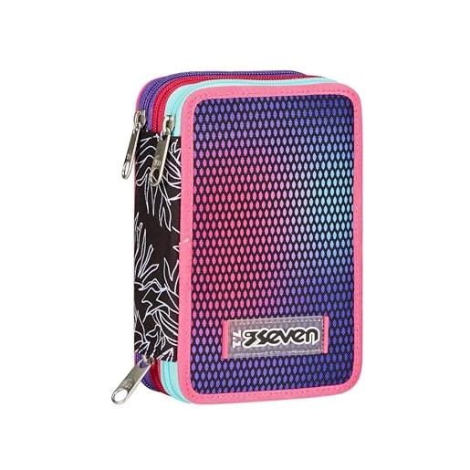 Seven astuccio scuola 3 zip, violet, shadefull girl, portapenne triplo scomparto completo di penne, matite, colori, accessori zaino, elementari, medie, superiori, ragazzo ragazza