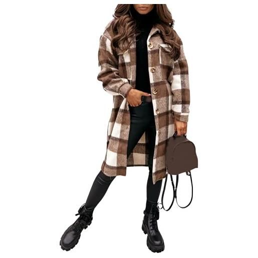 SeekMe camicia lunga da donna scozzese giacca shacket risvolto button down misto lana casual tartan sopra camicia trench coat, caffè, x-small
