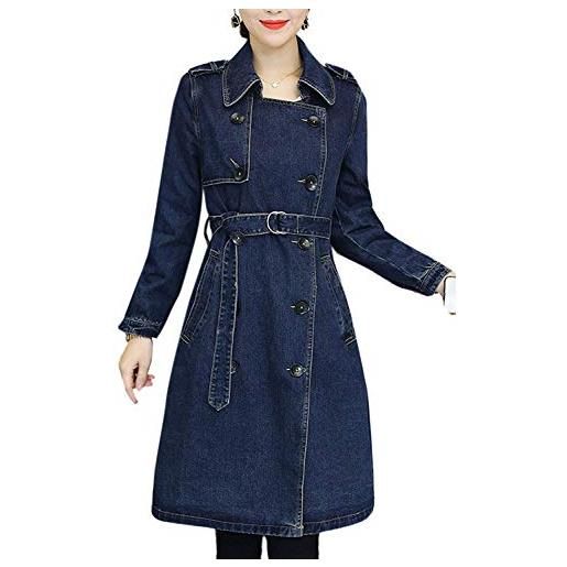 Lazutom donne casual notched risvolto cintura lungo denim jean trench coat jacket blu. 42