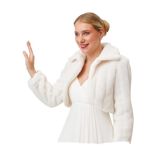AUTTOGirl bolero giacca da sposa da donna bolero finta pelliccia giacca da sposa manica lunga colletto alto, bianco, l