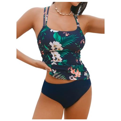 CUPSHE tankini da donna con scollo a u, a vita media, tankini, doppie spalline regolabili, costume da bagno in due pezzi, blu navy/floreale, xs