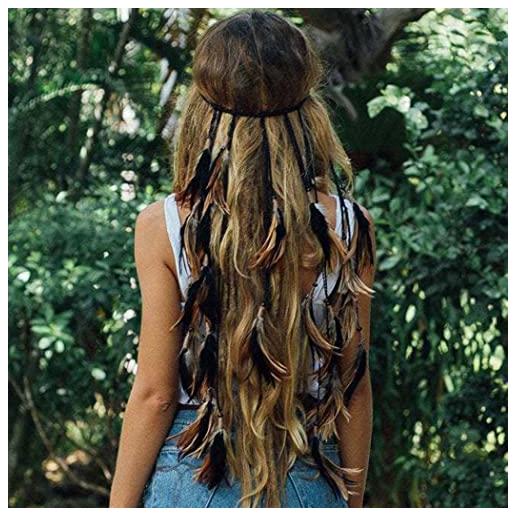 Runmi fascia per capelli con piume bohémien, fascia lunga con nappa, regolabile, accessorio per capelli per donne e ragazze