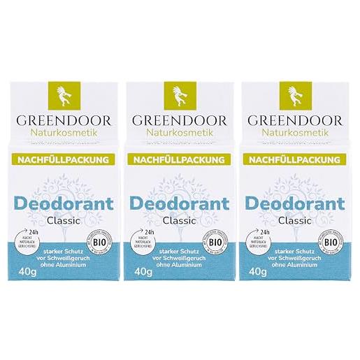 GREENDOOR deodorant refill system, 3 x 40 g, deodorante rigido ricaricabile senza alluminio, protezione forte, vegano, profumo unisex discreto, senza plastica