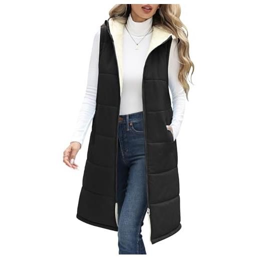 Vancavoo gilet donna invernale lungo pile smanicato con cappuccio piumino giacca imbottito cappotto con cerniera, nero, m