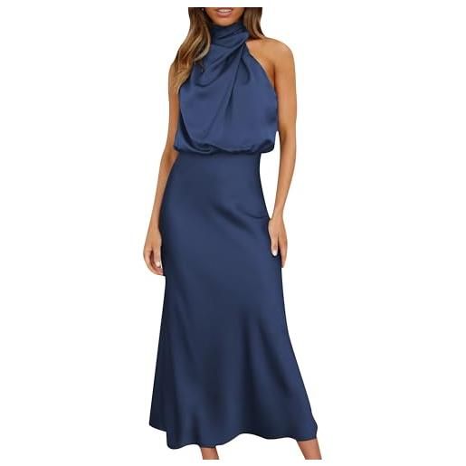 EFOFEI signora abito cocktail mock neck abiti casual monocromo abito satin vita elastico blu scuro m