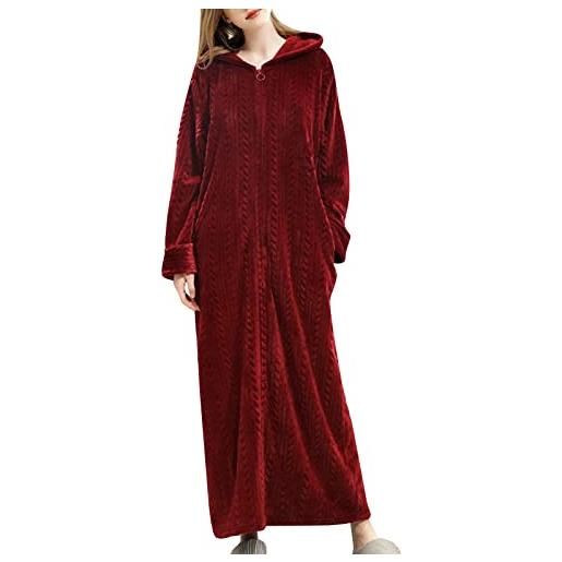 Generic vestaglia da donna con cerniera | vestaglia calda da donna lunga con cappuccio vestaglia per la casa leggera con cerniera accappatoi loungewear abbigliamento da notte da donna, vino, l