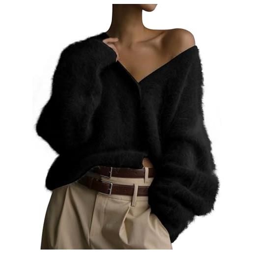 COZYPOIN cardigan da donna in mohair sfocato aperto sul davanti con bottoni a v collo a v maglione a maniche lunghe slouchy spalla goccia cappotto lavorato a maglia, rosa, xl