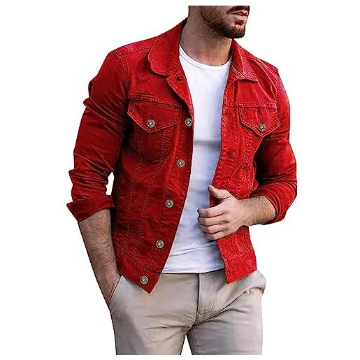 Generic giacca di jeans da uomo trucker jean giacche manica lunga button down cappotti casual classico cowboy western capispalla vestiti, giacca denim rosso uomo, xl