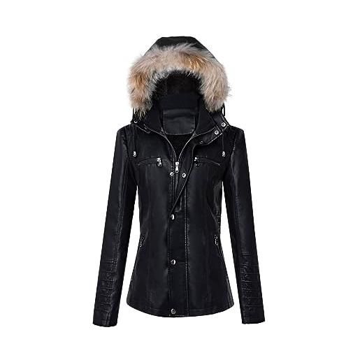 KHIRVWL giacca di pelle invernale donna giubbotto e tasche con cerniera giubbino biker vintage giacche da donna giacca moto casual con cappuccio in similpelle autunno e inverno giacca con cappuccio