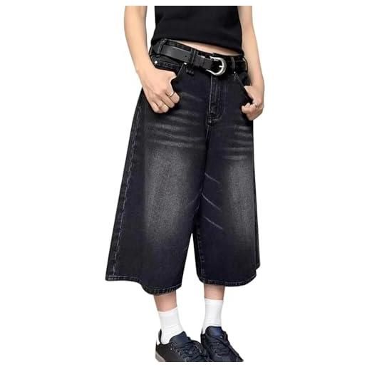 MASUCOR baggy jorts pantaloncini di jeans baggy casual jeans a gamba larga pantaloncini jorts y2k vestibilità ampia hip hop al ginocchio pantaloni cropped look usato denim di cotone effetto lavato(black, s)