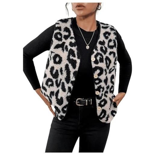 Yancremio gilet leopardato y2k da donna gilet corto alla moda con scollo a v e bottoni in peluche giacca leggera senza maniche casual ampia e oversize (nero, l)