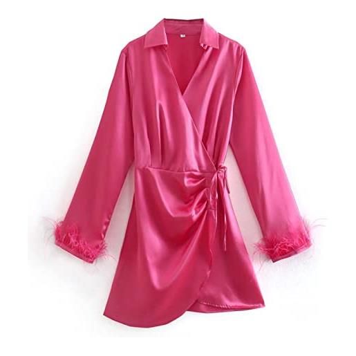 QINKO moda donna con piume mini abito morbido al tatto abiti vintage a maniche lunghe con fiocco laterale, 1, s