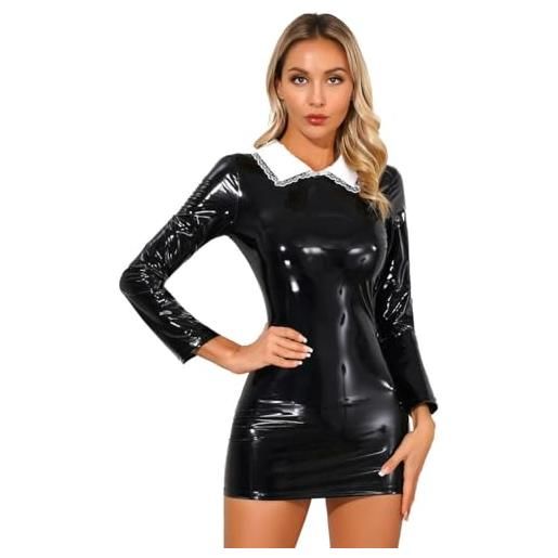 TIANXIAOQWE mini abito da donna con scollo rotondo, a maniche lunghe, aderente, in pelle nera, abito aderente da ufficio, nero , xxl