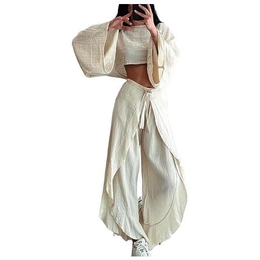 ThiCc abiti da donna in lino da 2 pezzi, set casual da salotto abbinati, camicetta corta a maniche lunghe e pantaloni a gamba larga a vita alta con volant e pantaloni lunghi con cintura a palazzo, 