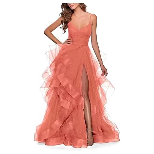 Xyiveaf abito da ballo in tulle a più livelli 2025 abiti da sera classici per le donne abiti da ballo formali con spalline sottili scintillanti con fessura, corallo, 46