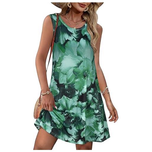elescat abiti estivi da donna da spiaggia bohémien, senza maniche, vintage floreale, svolazzanti con tasche, magliette, canotte, prendisole, verde floreale. , 3xl