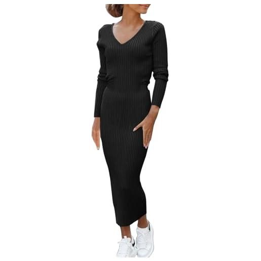 Generisch abito a matita, lungo, elasticizzato, da donna, invernale, elegante, scollo a v, in jersey, slim fit, tubino curvy, lunghezza alla caviglia, per il tempo libero, maglia a coste, nero , 3xl