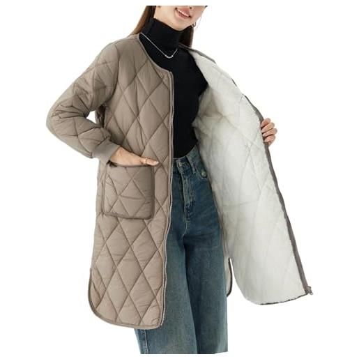 LCDIUDIU giubbotto donna invernale, giacca lunga in pile da donna con cerniera intera, maniche lunghe color cachi, pieghe a griglia diamantata, cappotto invernale caldo in peluche, casual, largo, spa