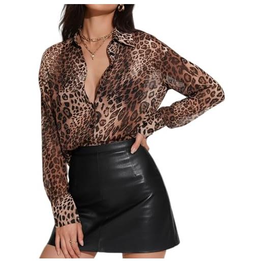 Prettywear camicette da donna a maniche lunghe trasparenti trasparenti in rete oversize sexy alla moda con bottoni, marrone chiaro, s