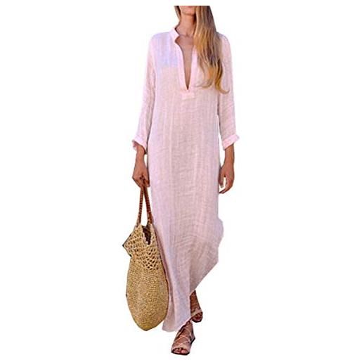 OKWIN abito split da donna scollo a v in cotone e lino sciolto autunno e inverno