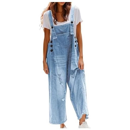 Generic tuta da donna casual classica blu quotidiana vintage denim pantaloni lunghi tuta gamba larga pagliaccetti e tute per le donne, azzurro, m