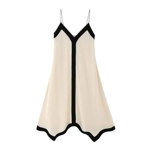 Generic abito da donna asimmetrico con orlo a contrasto di colore per vacanze e spiaggia, abito midi con scollo a v, beige, m