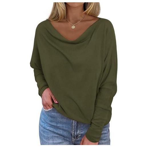 Okiwam camicie da donna a maniche lunghe a pipistrello 2025 autunno vestiti alla moda con scollo a barca fuori dalle spalle top a maglia camicette a tunica allentate, cachi, large