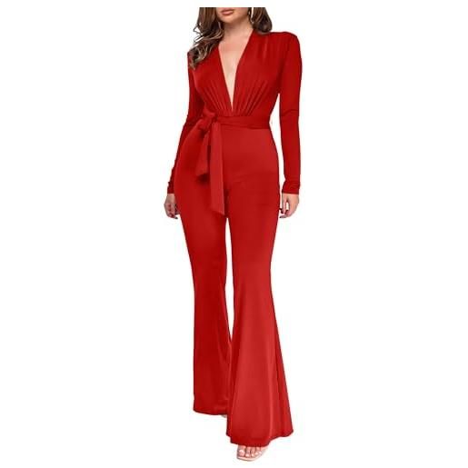 GOKATOSAU tuta aderente da donna con scollo a v profondo a maniche lunghe e pantaloni svasati con cintura, rosso, small