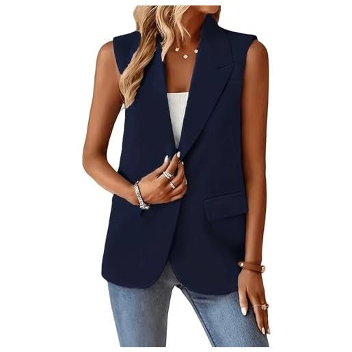 RWGSNB gilet donna elegante, gilet da donna blazer casual senza maniche gilet formale da lavoro versatile con revers gilet elegante da donna di media lunghezza gilet cardigan da donna con tasche blu