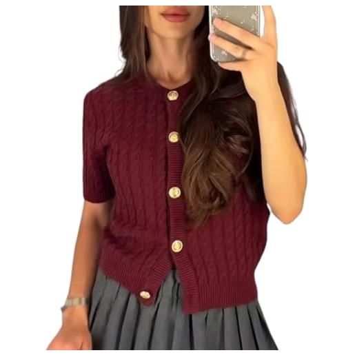 HzDazrl cardigan da donna a maniche corte in maglia a treccia tinta unita girocollo button down y2k aderente maglione lavorato a maglia top, rosso vinaccia, l