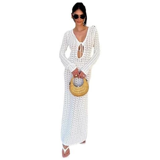 Generic abito da donna svasato in maglia abito estivo da donna con lacci trasparente abito da spiaggia ampio in maglia abito lungo white s