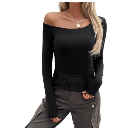 LCDIUDIU blusa donna, camicetta con spalle scoperte per donna, manica lunga nera, peonia, fiore, pizzo, patchwork, pullover, sexy, vestibilità attillata, per tutti i giorni, festa, club, tunica, cam