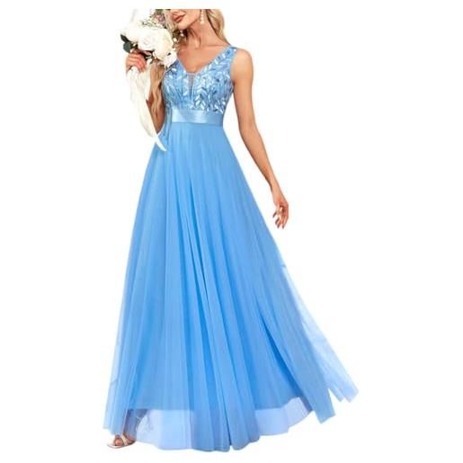 ORANDESIGNE vestito da sera elegante donna lungo vestiti paillettes in tulle chiffon abito damigella d'onore vita alta formale maxi abiti da cerimonia linea ad a stile impero a blu m