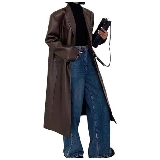 Juankrynord trench lungo da donna alla moda primaverile ampio lungo fino al ginocchio in pu con risvolto e bottoni stile retrò giacca da completomonopetto trench autunnale (caffè, m)