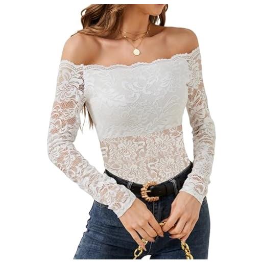 LCDIUDIU top rosso da donna con spalle scoperte, manica lunga, semplice e trasparente, maglia a maglie con foglie, sexy, aderente, per club, feste, ballo di fine anno, uscite, camicetta bianca l