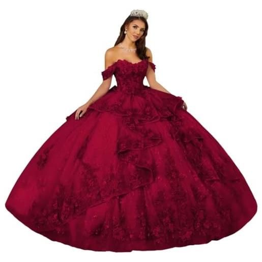 Yifanier abito da principessa per quinceanera con volant e fiori 3d pizzo e perline mt037