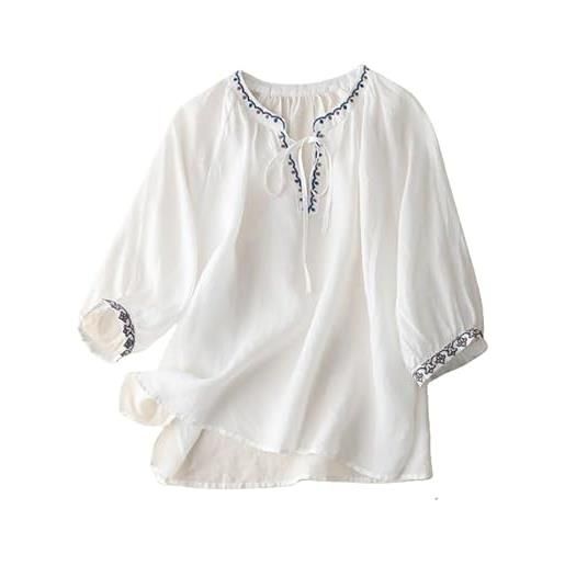 YONGHONGKEJI t shirt eleganti donna, tunica da donna in cotone e lino con scollo a v manica corta stampa vintage camicette con ricami elegante elegante da annodare sul davanti abiti estivi bianco m
