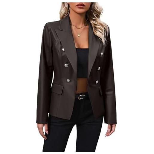LCDIUDIU giacca blazer doppiopetto in similpelle da donna, marrone maniche lunghe notched lapels sottile tunica cappotto corto top elegante ufficio lavoro pelle pu capospalla di transizione marrone