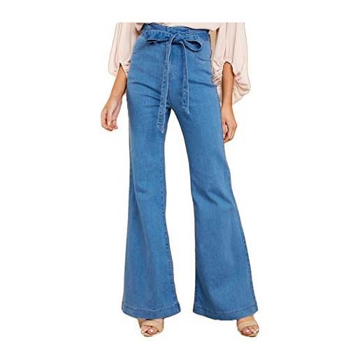 YOUCAI donna jeans a zampa pantaloni a vita alta elasticizzati, moda pantaloni a zampa di elefante, elegante cintura con fiocco, blu, m